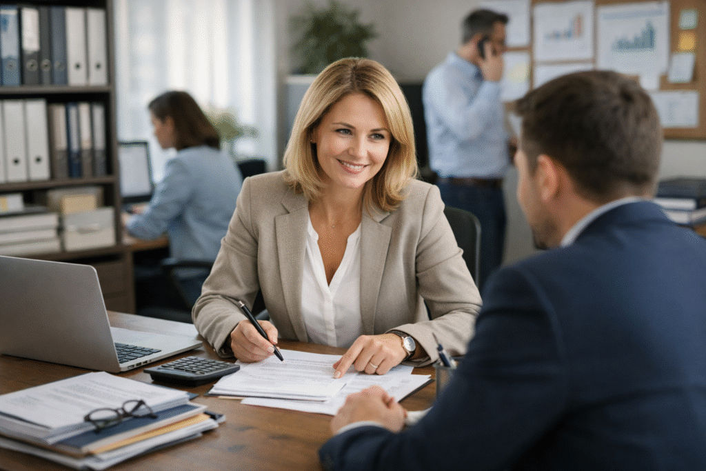 Księgowa omawiająca dokumenty finansowe z klientem w biurze rachunkowym
